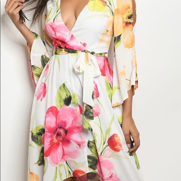 IVORY FLORAL HIGH LOW TIED WAIST FLOWY LINED DRESS - Picture 2 of 10